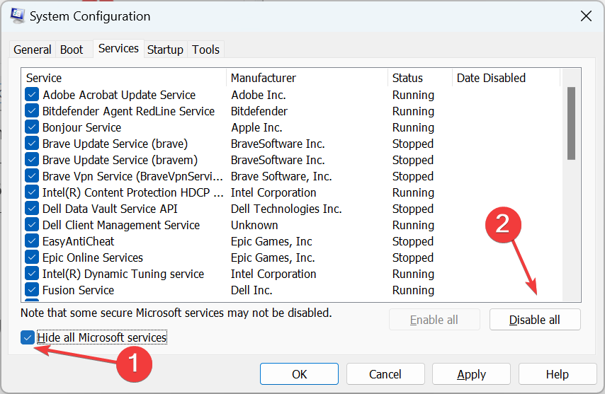 masquer tous les services microsoft