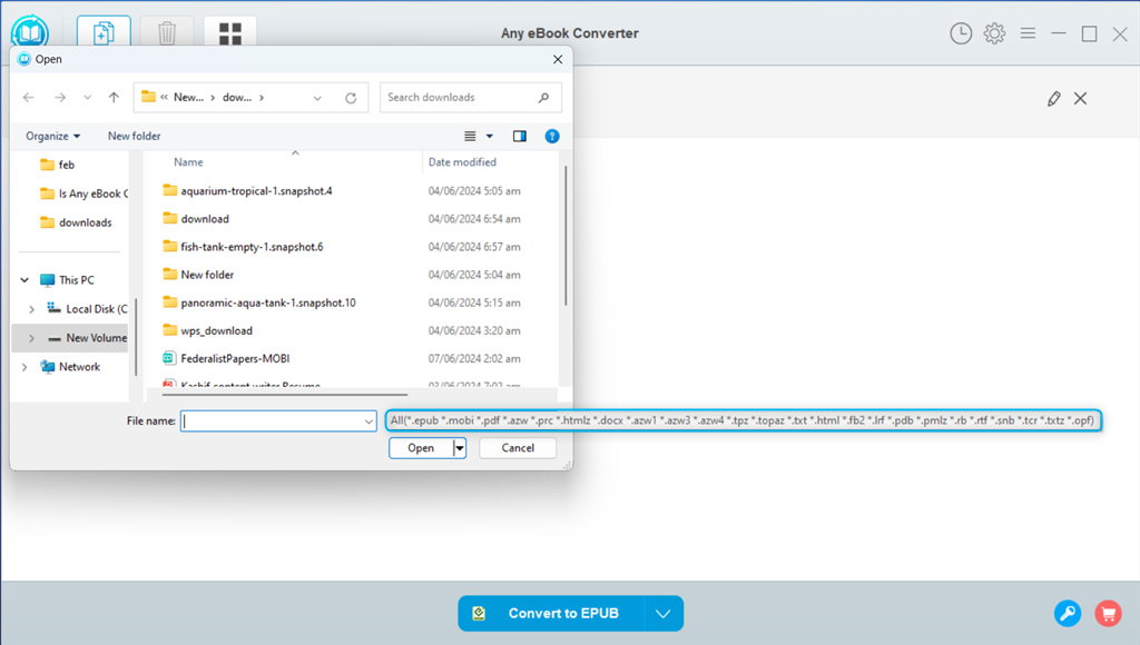 Verfügbare Optionen zum Öffnen von eBooks in Any eBook Converter anzeigen