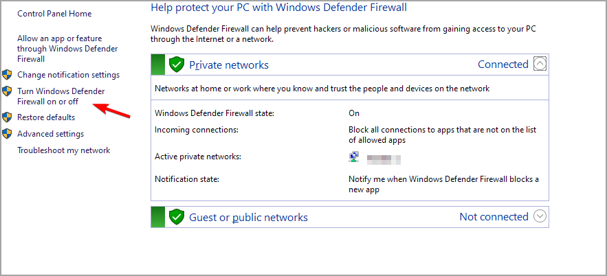 Turn Windows Defender Firewall on or off windows firewall window