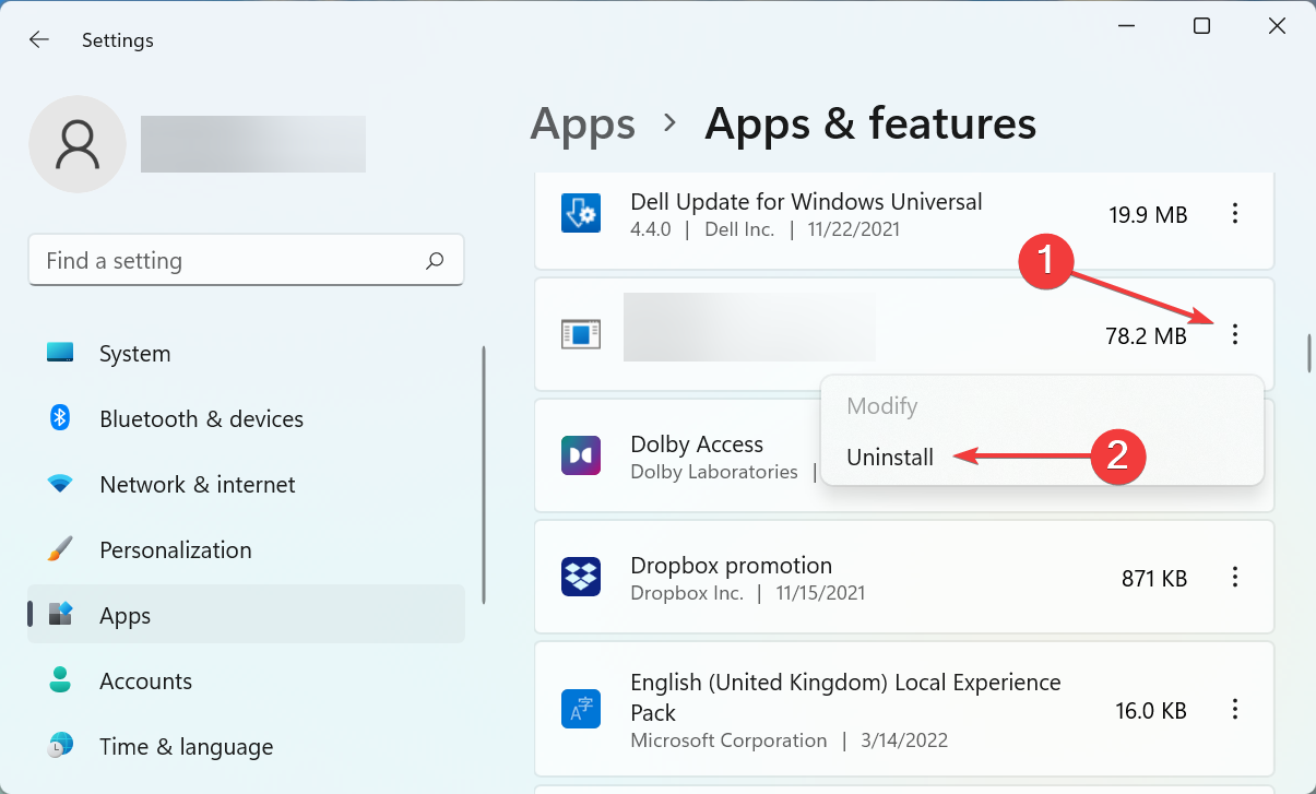 Disinstalla l'app per riparare il recupero errore windows 11