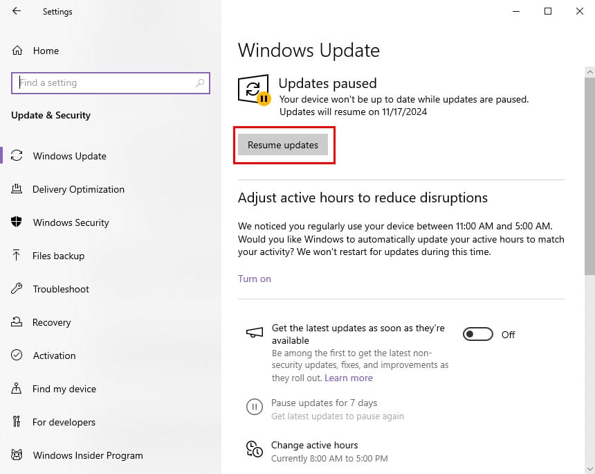 resume updates windows update window