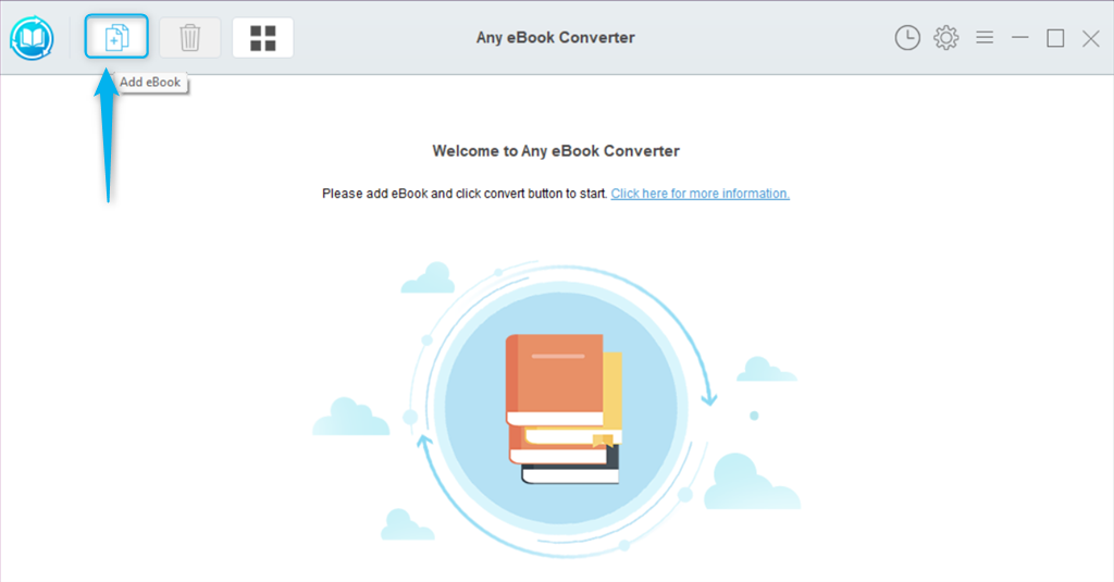 Auf das eBook-Hinzufügen-Symbol im Menü von Any eBook Converter klicken