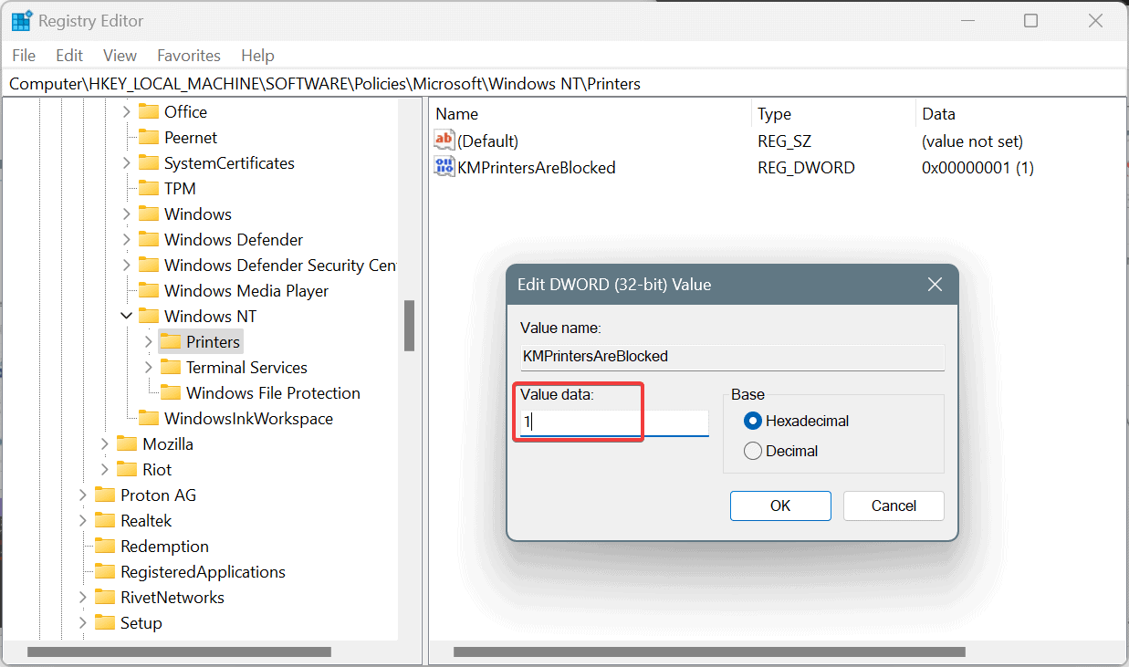 KMPrintersAreBlocked DWORD для исправления ERROR_KM_DRIVER_BLOCKED