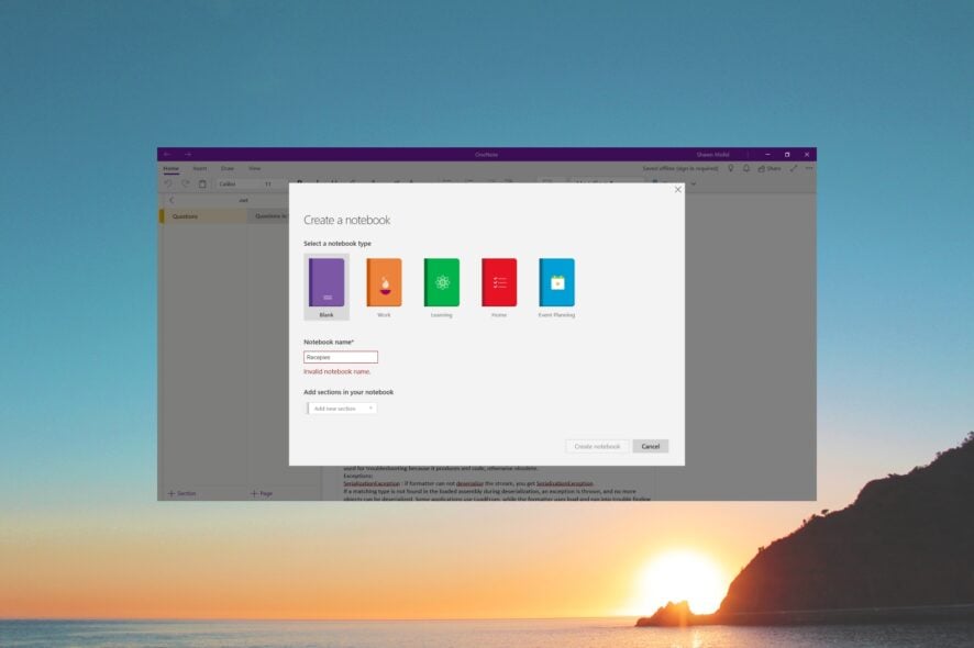 Outlook 無効なノートブック名エラー