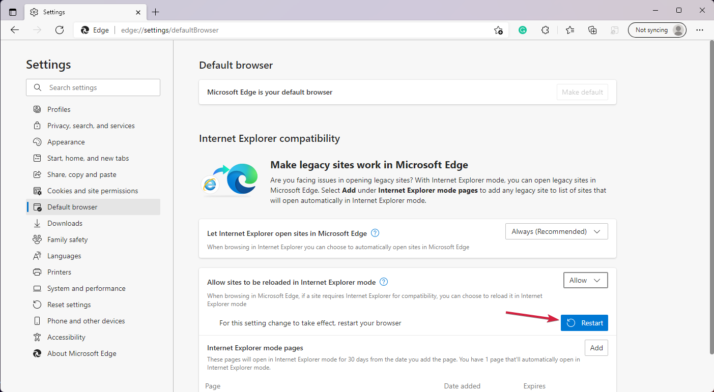 Edge neu starten um Änderungen anzuwenden