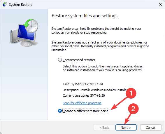 Choose a different restore point - 