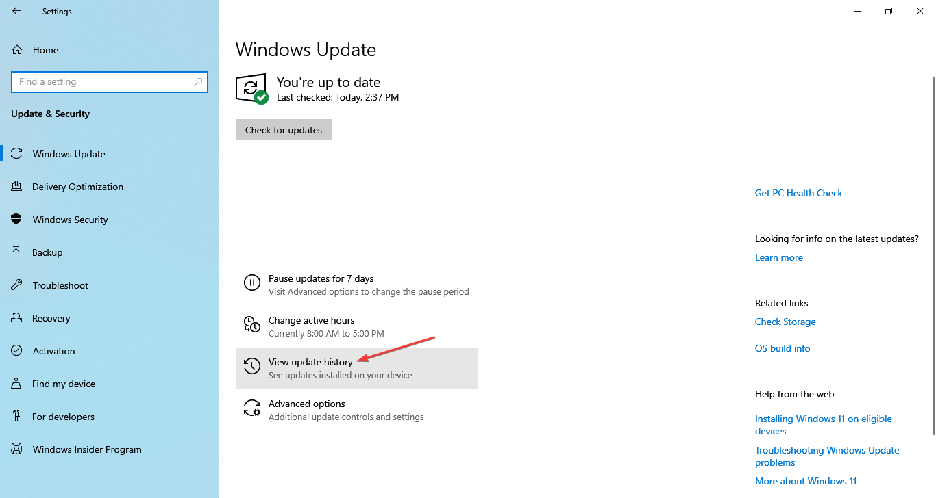 Windows 10 앱이 즉시 열리고 닫히는 문제를 해결하기 위해 업데이트 역사 보기