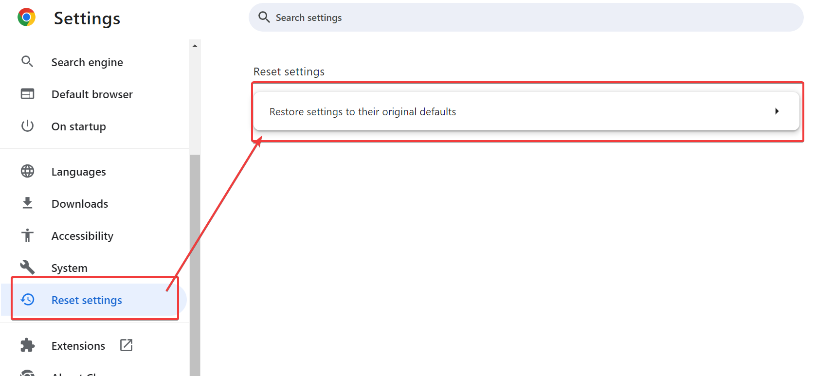 chrome reset settings to default