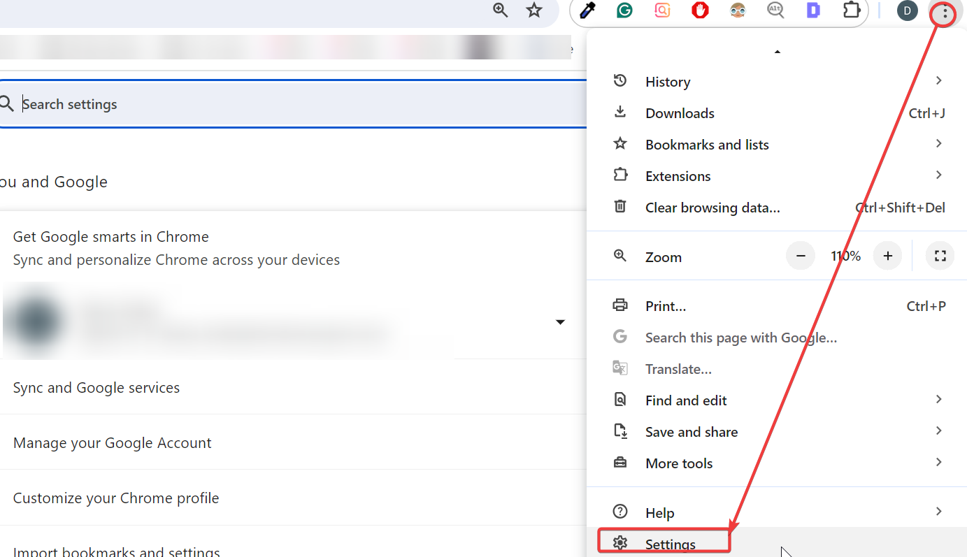 opción de configuración de google chrome