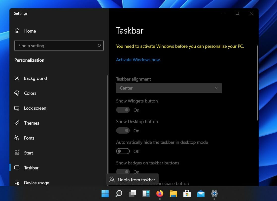 barra delle applicazioni di Windows 11