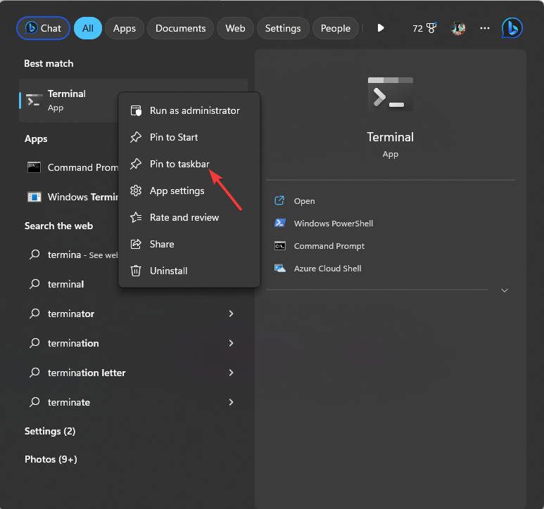 Pin to taskbar - open Terminal Windows 11