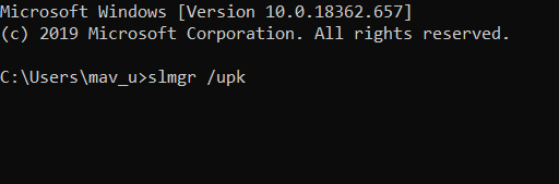 comando slmgr /upk Erro de Ativação do Windows 10 0xc0020036