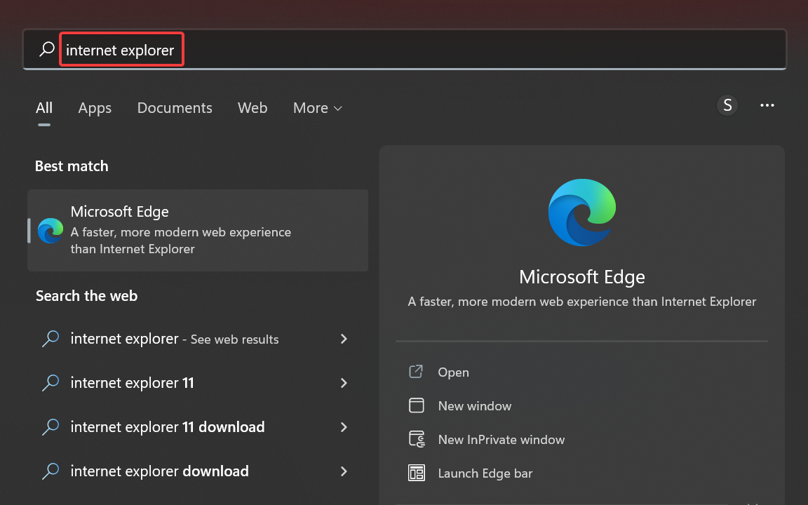 Suche nach Internet Explorer unter Windows 11