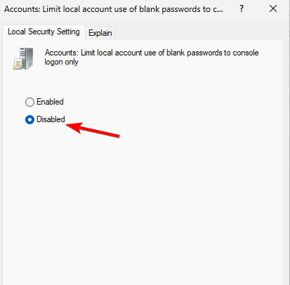 limit local account use of blank passwords disabled