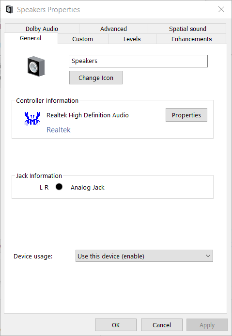 Speaker Properties window generic audio driver problem