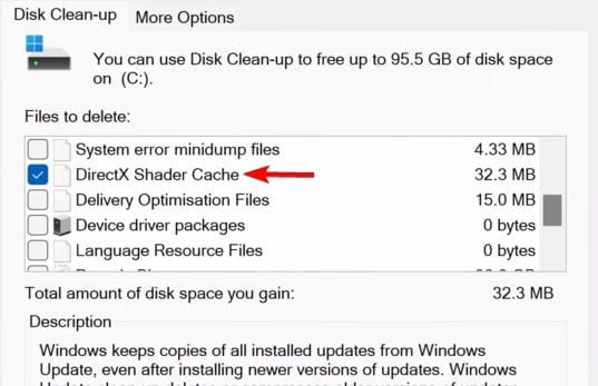 directX shader cache selected disk cleanup