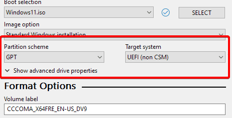 partition scheme and target system rufus