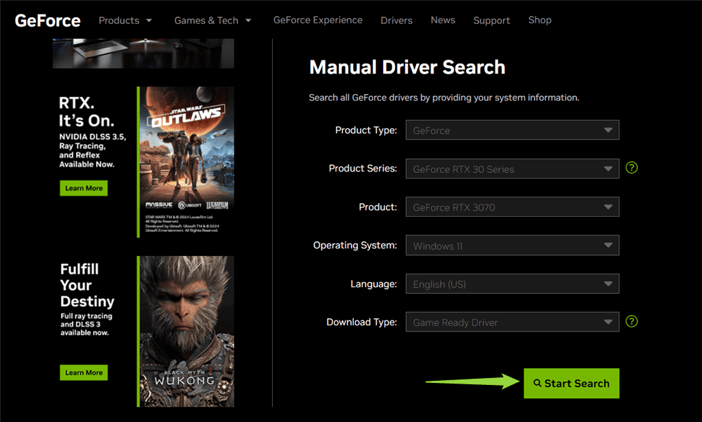 insira detalhes do driver nvidia e inicie a pesquisa