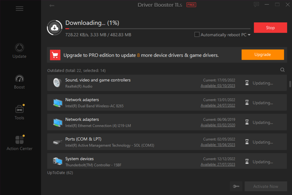 descargando la actualización de controladores en driver booster