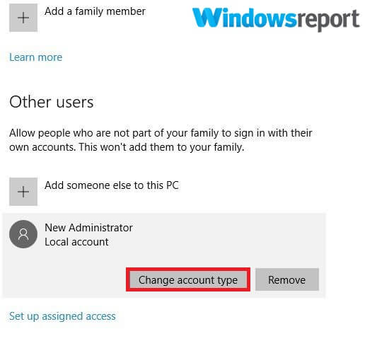 cambia tipo di account l'account utente non può essere utilizzato