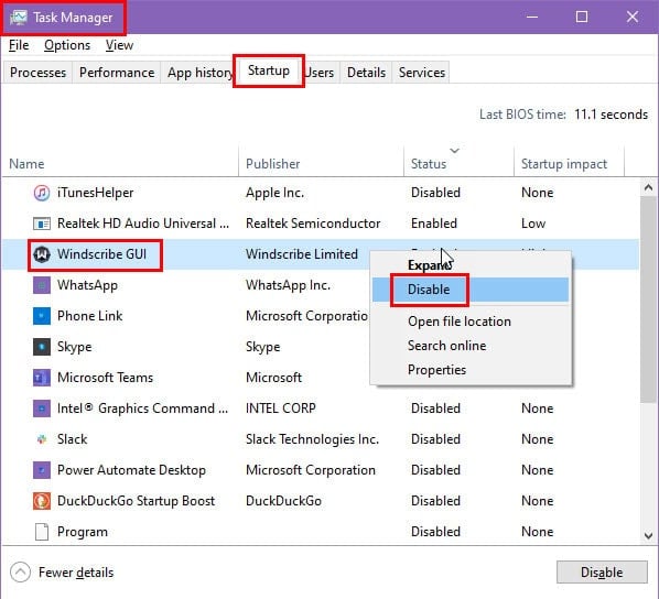 Disable startup