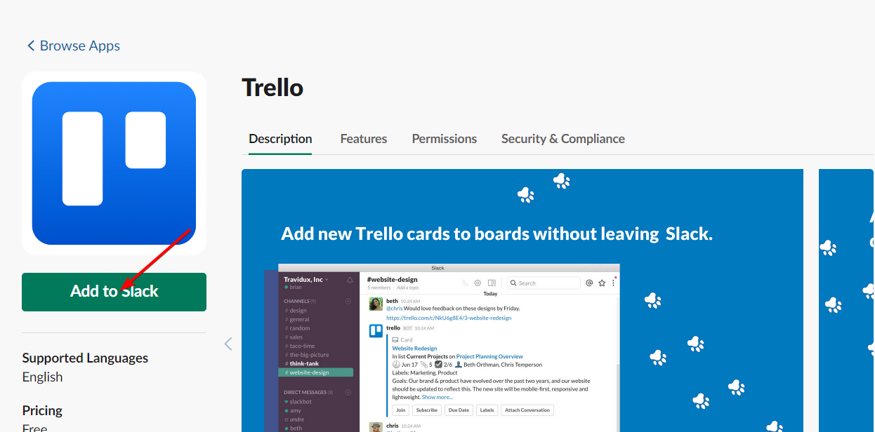 aggiungi a slack collegamento slack trello