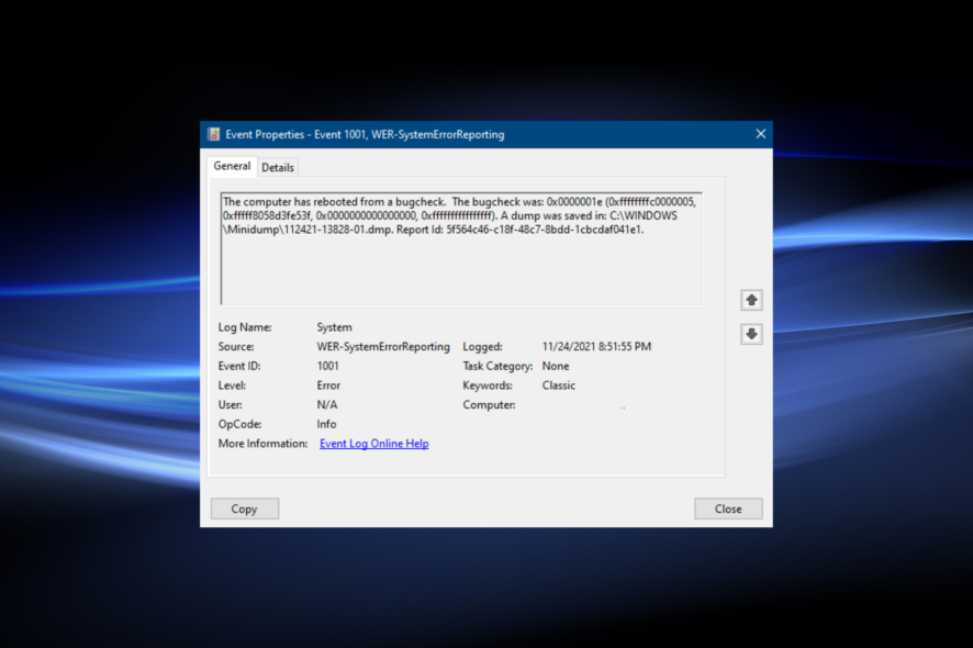 risolvere l'errore di reporting evento id 1001 in windows