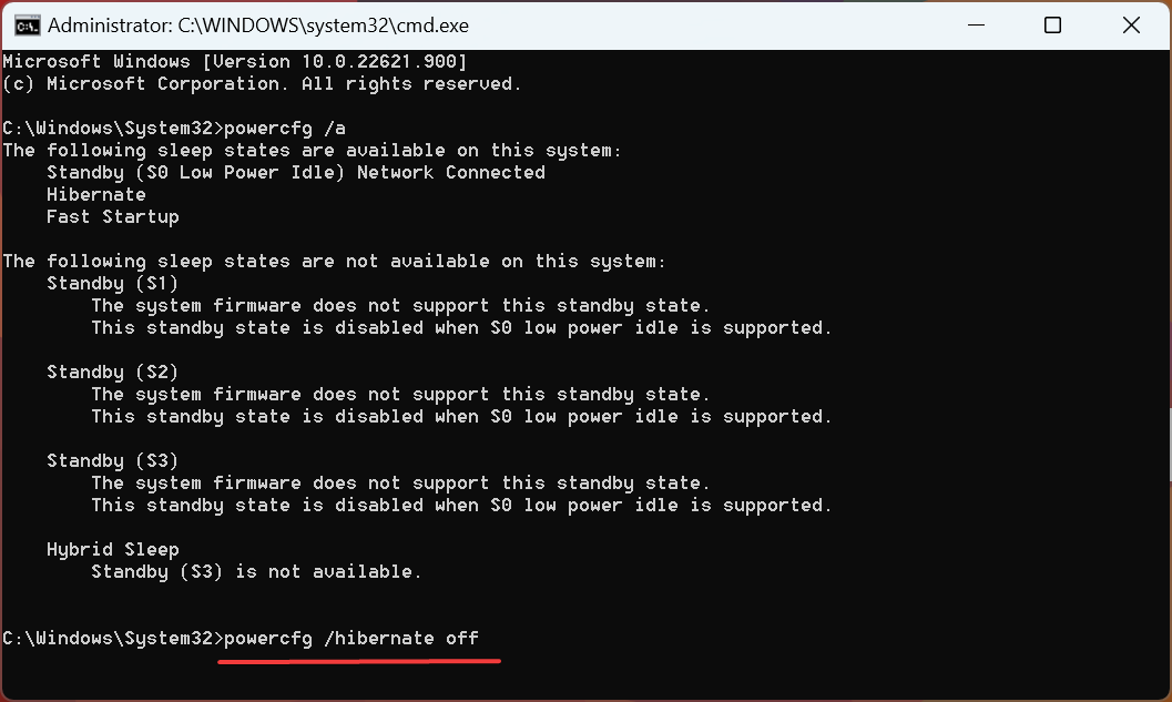 powercfg /hibernate off command prompt