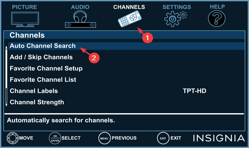 自動チャンネル検索を強調表示 - insignia tv channel scan problems