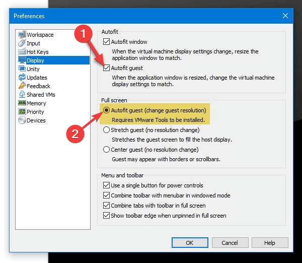 vmware fullscreen preferences set