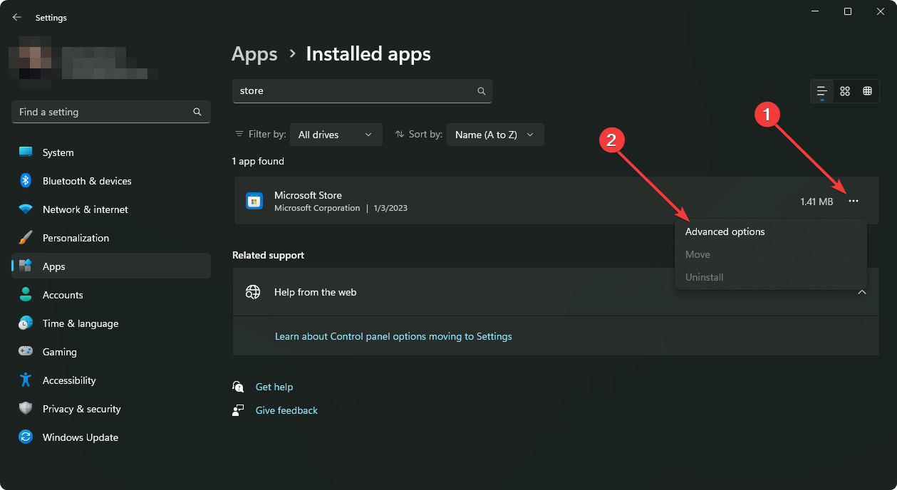 going advanced options microsoft store