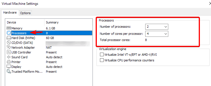 processors virtual machine settings