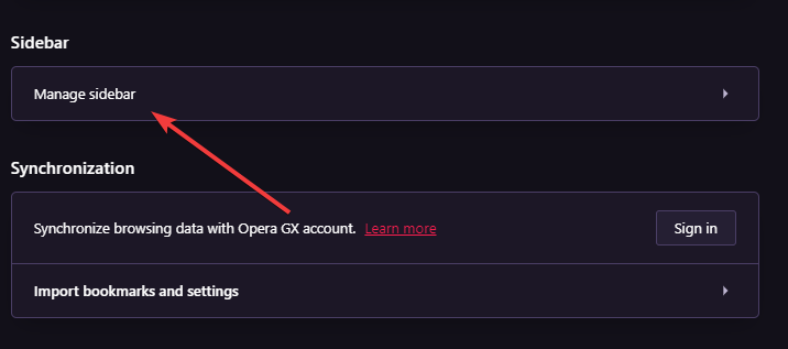 opera gx manage sidebar settings