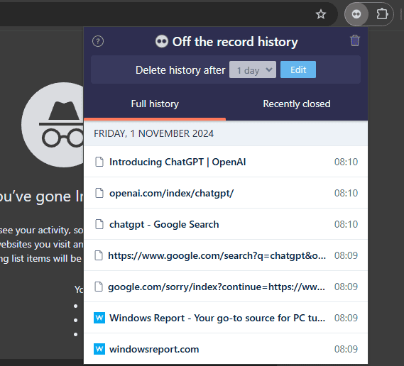off the record history open chrome