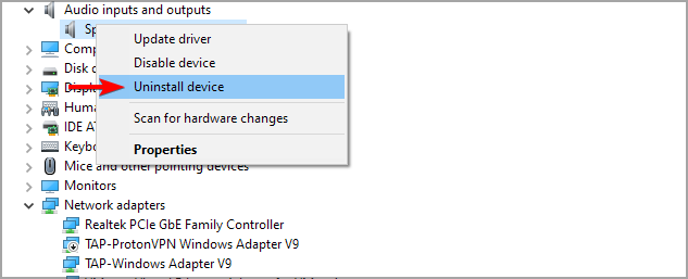 uninstall device windows 10