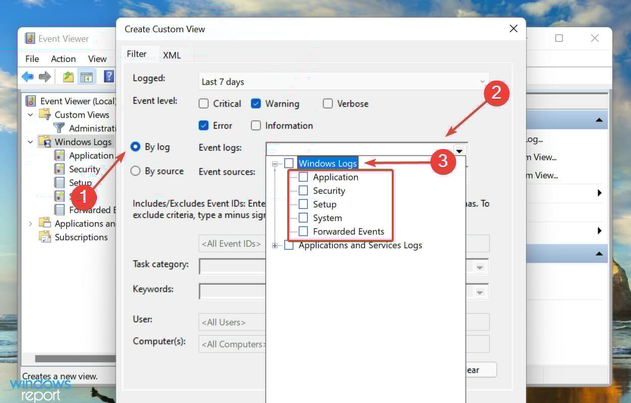 Windows 11 오류 로그 확인하기 위해 원하는 항목 선택하기