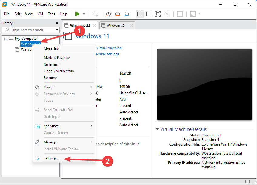 Go to Virtual machine settings