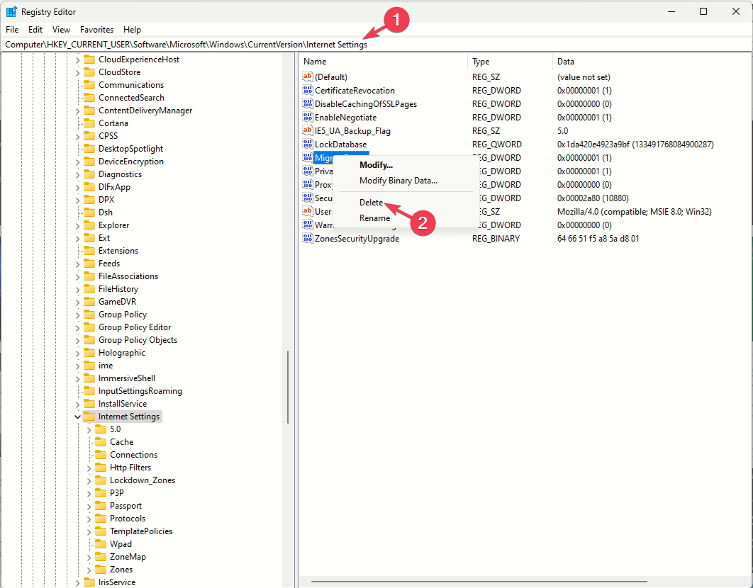 레지스트리 값 삭제 - err_proxy_connection_failed