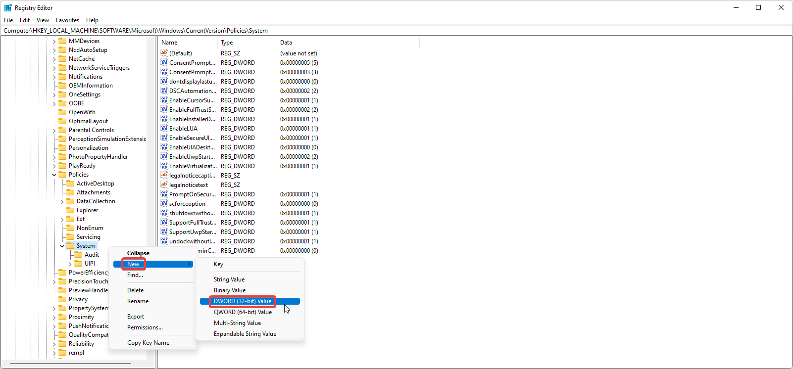 créer une nouvelle valeur DWORD 32 bits.