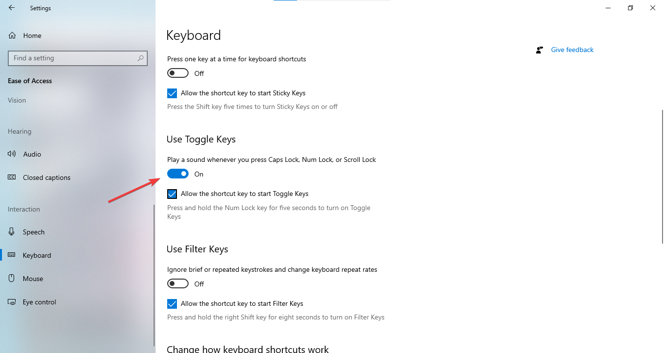 abilita tasti di attivazione per visualizzazione caps lock su schermo windows 10
