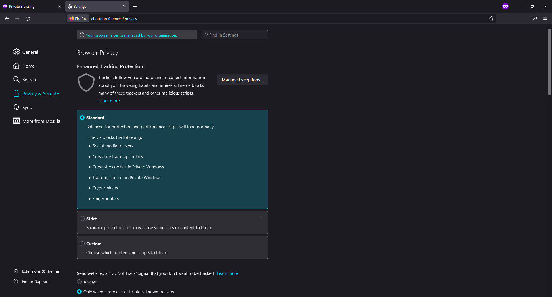 Configuraciones de protección mejorada contra el seguimiento de Firefox.