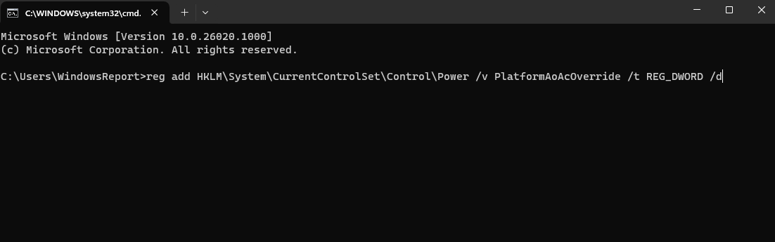 PlatformAoAcOverride /t REG_DWORD /d command in command prompt