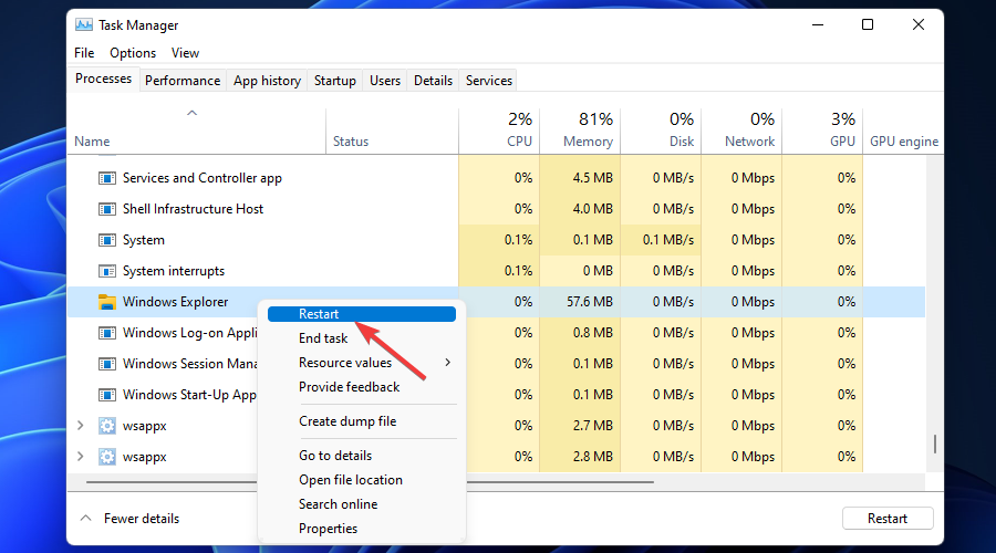 restart windows explorer task manager