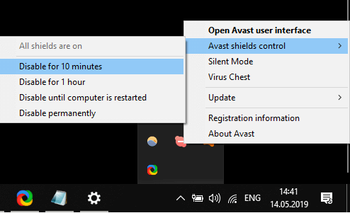 Avast 방패 제어 0x803fb005 microsoft store