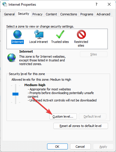 aller au niveau personnalisé options internet windows