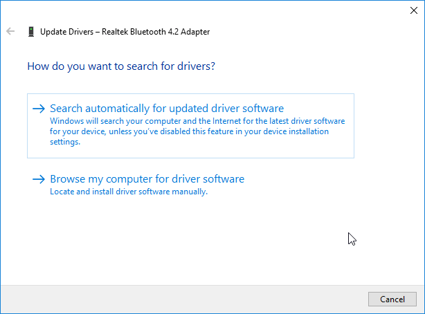 업데이트된 드라이버 소프트웨어 자동 검색 windows는 bluetooth 주변 장치를 설치할 수 없었습니다