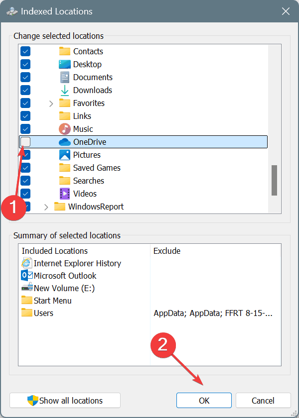não indexar onedrive para corrigir SearchFilterHost.exe
