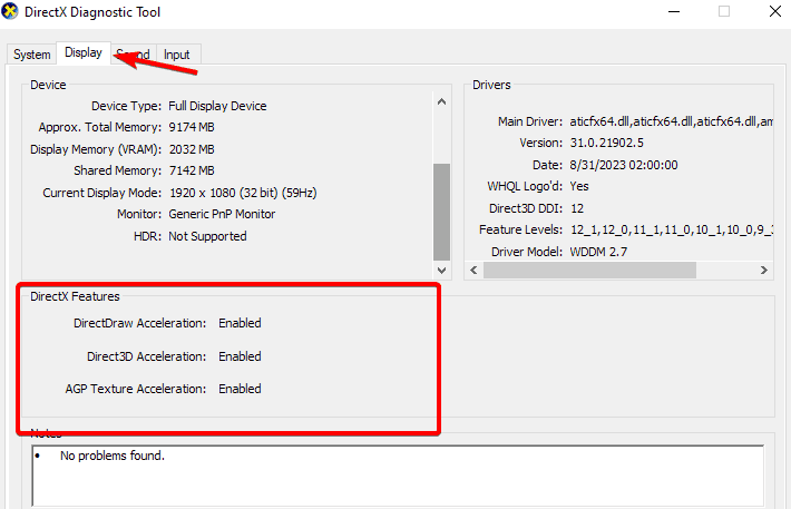 display tab dxdiag