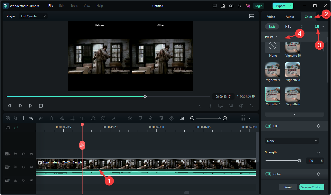 Коррекция цвета Filmora Video Editor