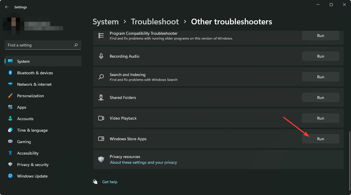 clicando em executar solução de problemas de aplicativos da windows store